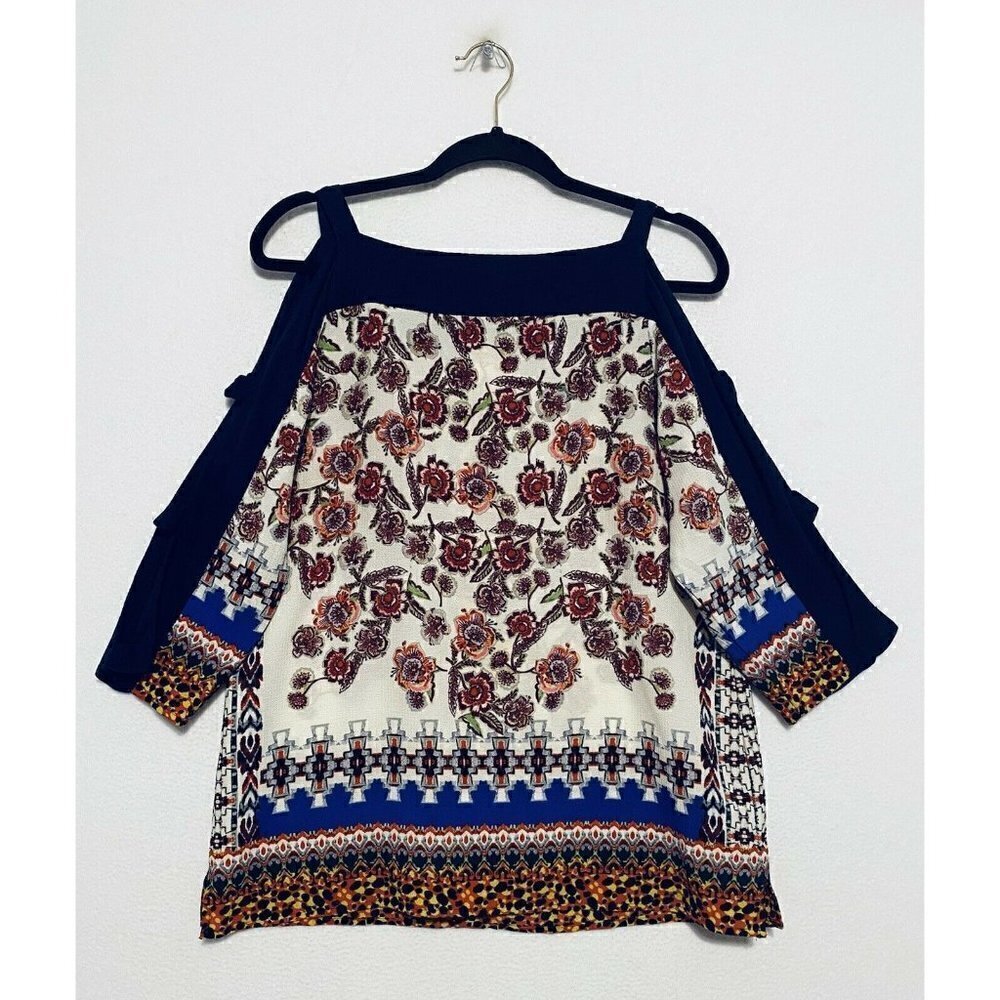 Fig and Flower Top Womens Medium Floral Border Print Ladder Cutout Sleeve Boho